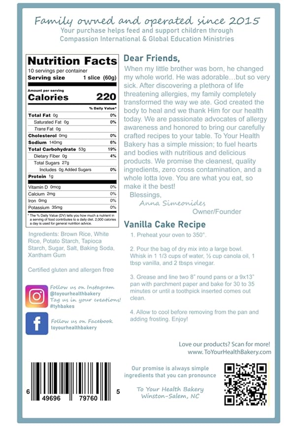 To Your Health Bakery Gluten Free (GF) Vanilla Cake Mix - Organic, Non-GMO, Top 8 Allergen Free