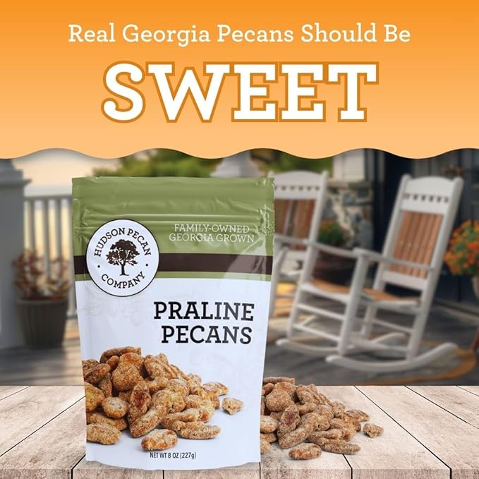 HUDSON PECAN COMPANY: Praline Roasted Georgia Pecans | Candied Gourmet Delight, Irresistible Southern Sweetness (Perfect for Snacking, Baking, Salads, Desserts, Gifting & More), 8 oz Resealable Pouch