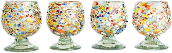 Authentic Mexican Tequila Hand Blown Shot Glasses - Set of 4-2 oz - Mini Glass Snifters - Heavy Base - Cognac (Confetti)