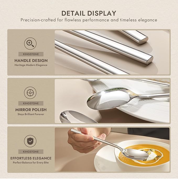 KINGSTONE Dinner Spoon Set, 16-Piece Tablespoons Silverware Spoons, Premium Food Grade Stainless Steel Spoons, Mirror Finish & Dishwasher Safe, Use for Kitchen, Home, Wedding, Party