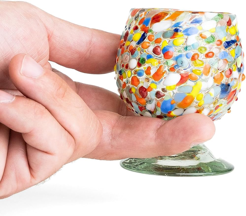 Authentic Mexican Tequila Hand Blown Shot Glasses - Set of 4-2 oz - Mini Glass Snifters - Heavy Base - Cognac (Confetti)