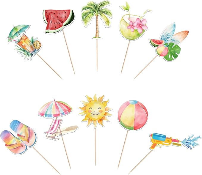 40 Pack Summer Beach Theme Cupcake Toppers Umbrella Chair Palm Tree Watermelon Coconut Cupcake Picks Hawaiian Beach Cake Decorations for Baby Shower Birthday Wedding Party Supplies