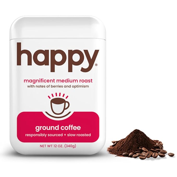 happy coffee medium roast ground coffee, 12 oz., notes of berries & optimism, recyclable container, grown & harvested in Brazil & Colombia, ra챠z sustainability verified