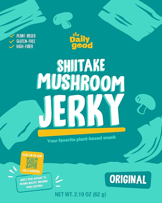 The Daily Good Mushroom Jerky - 3-Pack Snacks, Yummy High-Fiber Mushroom Snack, Meatless & Gluten-Free Food, Contains Eggs, Made from Shiitake Stalk, 0.58 lbs., Vegetarian, Charcoal Grill (BBQ Flavor)