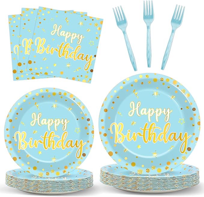 96PCS Blue Birthday Plates and Napkins Birthday Party Decorations Light Blue and Gold Dessert Plates Tableware for 24 Guests Kids Party Supplies
