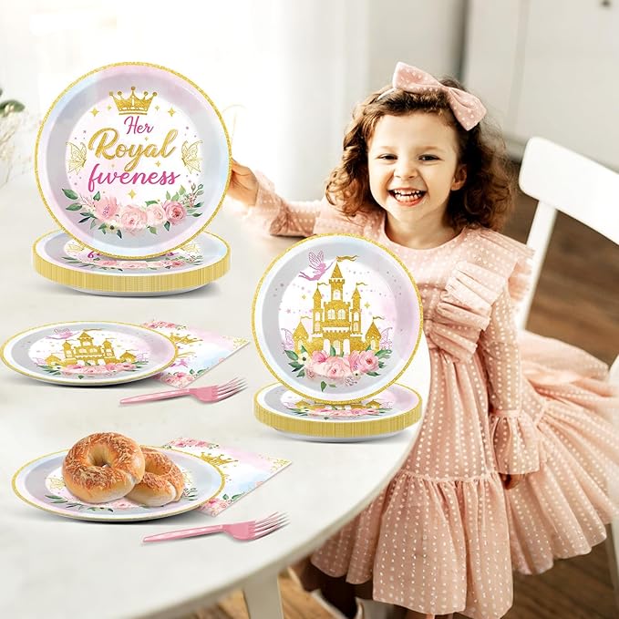 96Pcs Princess 5th Birthday Plates and Napkins Her Royal Fiveness Decorations Princess Party Dessert Plates Rainbow Castle Tableware for 24 Guests 5th Theme Girl Baby Shower Party Supplies