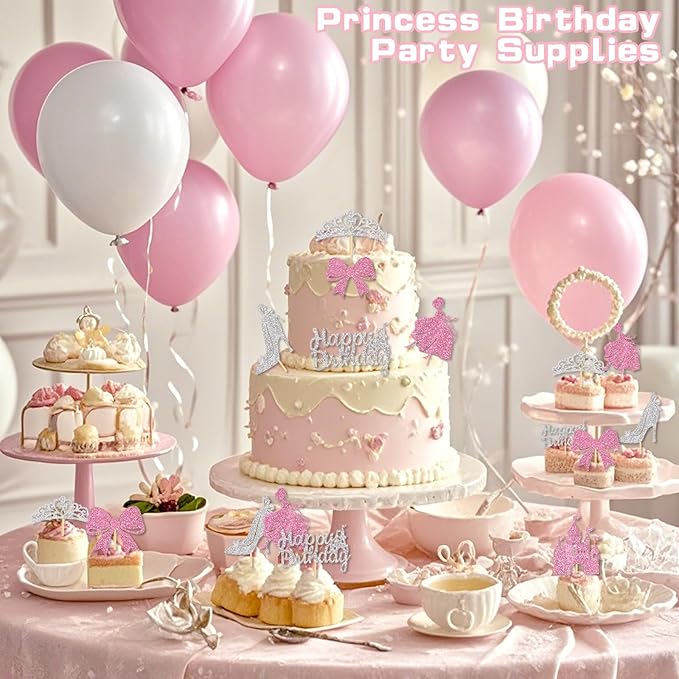 24Pcs Pink Castle Princess Cupcake Topper Silver Glitter Princess Cupcake Toppers High Heel Bow Crown Princess Cake Decorations for Princess Birthday Party Supplies Baby Bridal Shower