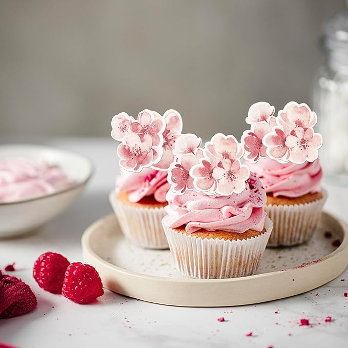 60 Pack Edible Cherry Blossom Cupcake Toppers Cherry Flowers Cake Toppers Rice Paper Wafer Paper Cake Picks for Cherry Blossom Bridal Shower Baby Shower Kids Birthday Cake Decorations Color 1