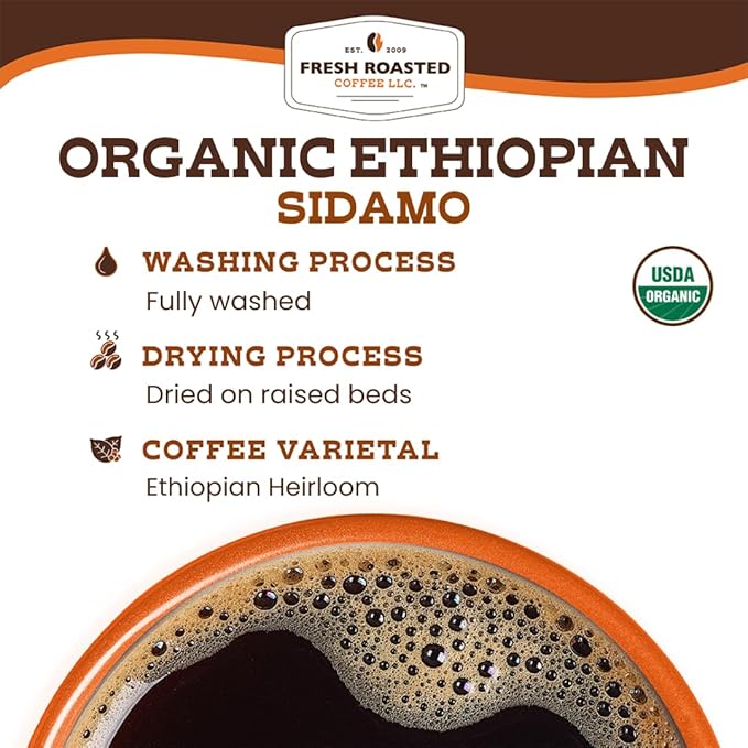 Fresh Roasted Coffee, Organic Ethiopian Sidamo | Fair Trade, USDA Organic, 100% Single Origin, Kosher | Light Roast 5 lb (80 oz) Whole Bean