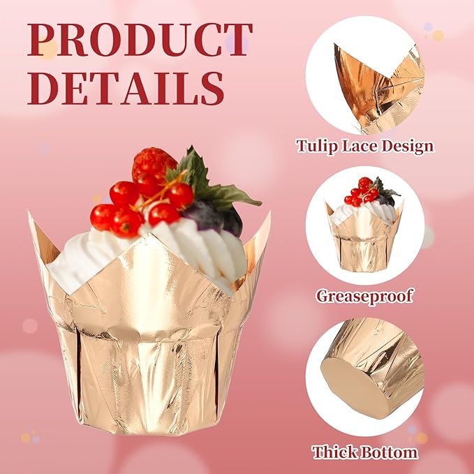 uxcell 100 Pcs Tulip Cupcake Liners, Muffins Liners Aluminum Foil Cupcake Wrappers Baking Cups Muffins Liners for Wedding Birthday Party Supplies, Silver/Champagne Gold