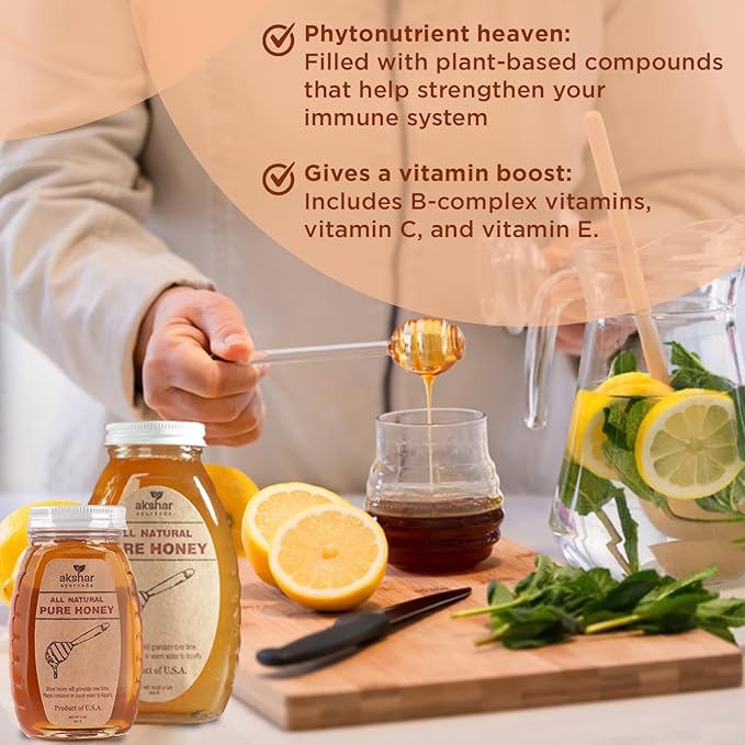Akshar Ayurveda - 16 Oz Pure Honey (454 Grams) - All Natural USA Honey - Smooth & Easy to Pour, Stored in Glass Jar - Natural Superfood Ingredient for Cooking, Baking or Eating Raw