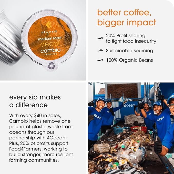 Cambio Roasters Organic Decaf Coffee Keurig KCups, Lower Acid Decaf Coffee K Cups for Any Time of Day, The Only Aluminum Medium Roast Pods Compatible with Keurig, Organic Coffee K Cups, 10 count