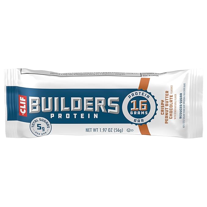CLIF BUILDERS Protein Bars - Crispy Peanut Butter Chocolate Flavored - Reduced Sugar - Gluten Free - 16g Protein - No Artificial Sweeteners - 1.97 oz. (6 Pack)