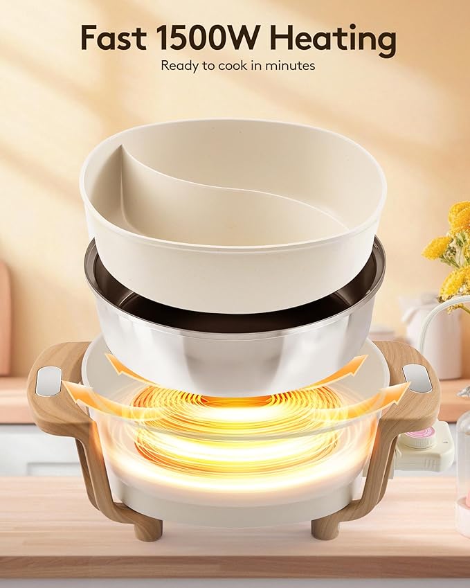 Hot Pot Electric Hot Pot with Divider, Large 6L Nonstick Dual-Sided Shabu Shabu Pot Dual-Flavor hotpot electric 1500W with Adjustable 5-Temperature Control 竊똏erfect for Family Dinners & Parties