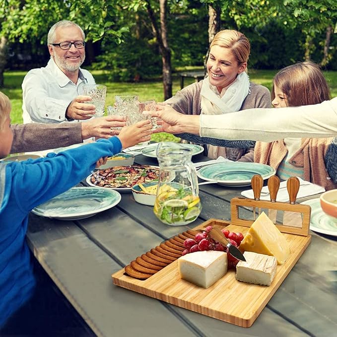 Bamboo Cheese Board Set, Cheese Tray, Charcuterie Board and Serving Meat Platter with 4 Stainless Steel Cheese Knives, Ideal for Wedding Gifts Christmas Birthday Party (14''x11'')