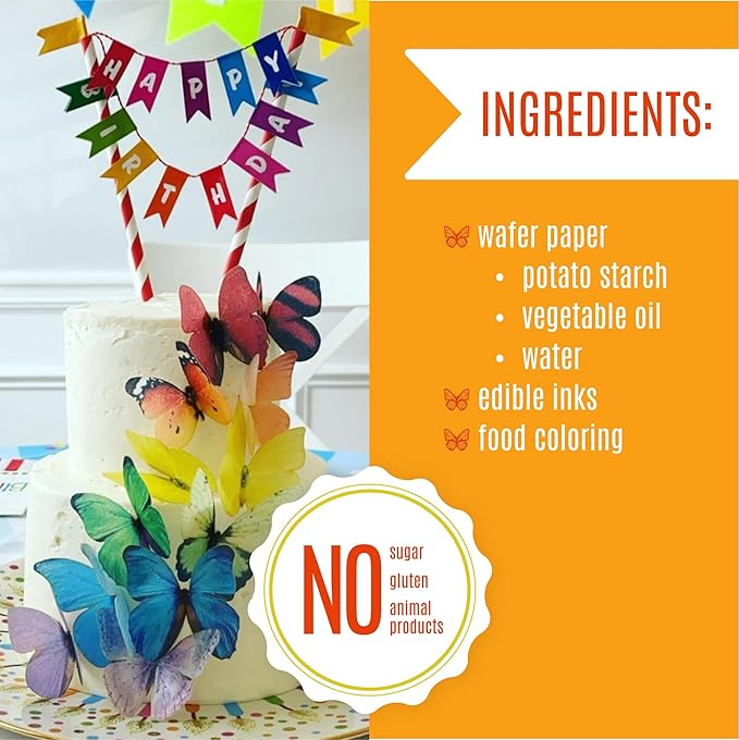 Sugar Robot Edible Butterflies for Cake Decorating- Large Size Butterfly Decorations - Cake Toppers and Cupcake Toppers - Made in the USA - Premium Crafted (Rainbow)