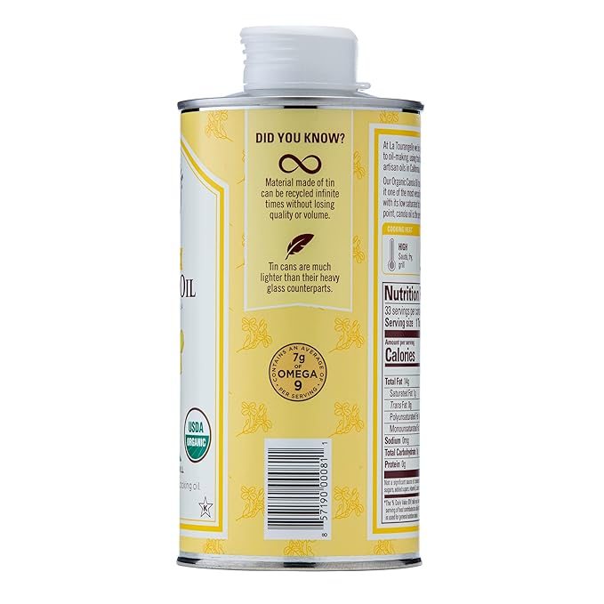 La Tourangelle, Organic Canola Oil, Expeller-Pressed Non-GMO Canola Seeds, Pesticide and Chemical Free, High Heat Neutral Cooking Oil, 16.9 Fl Oz