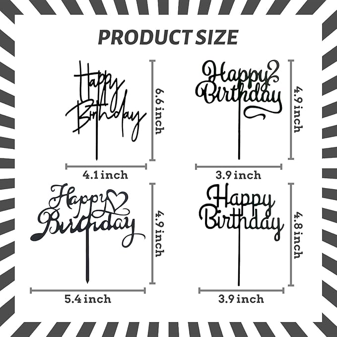 ZHENGYE Black Happy Birthday Cake Topper Set Acrylic Cake Toppers Birthday Cupcake Toppers Decoration For Women Men Baby Shower Birthday Party Decoration(4 Pieces)