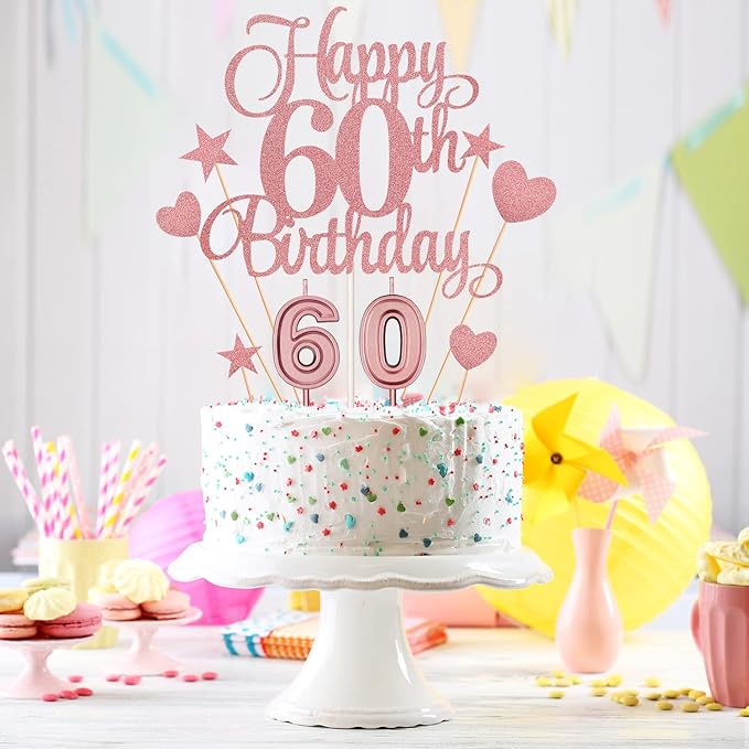 60th Birthday Cake Decorations Set Include 60th Birthday Candles Numeral 60 Cake Candles and Happy 60th Birthday Cake Toppers with Heart Star Cupcake Picks for Birthday Party (Rose Gold Series)