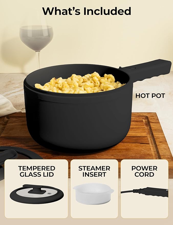 Electric Hot Pot with Lid and Steamer, 1.5L Non Toxic Ceramic Cooker Skillet for Ramen, Eggs, Pasta Portable and Compact for Dorms, Camping, RVs, Work, Adjustable Temperature