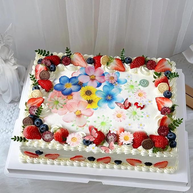 55pcs Edible Flower Butterflies Cake Toppers Cupcake Toppers Wafer Paper Cake Decorations for Themed Party Wedding Bridal Shower Birthday Decorations