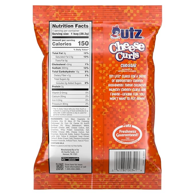 Utz Cheese Curls, Baked Cheddar ??1 oz. Bags (60 Count) ??Made with Real Cheese, Crunchy Individual Snacks to Go, Cholesterol Free, Trans-Fat Free, Gluten Free Snacks