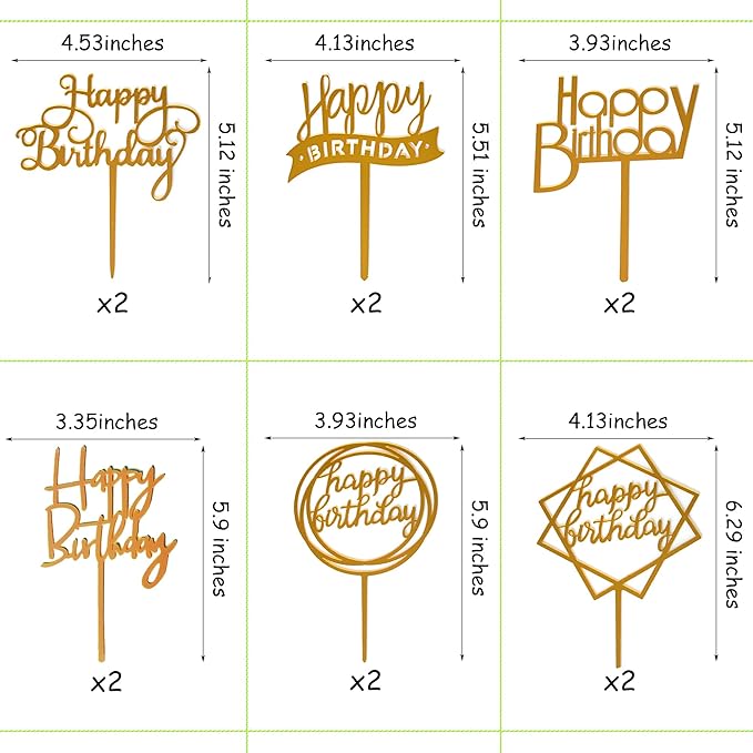 12 Pack Multi Styles Birthday Cake Topper Set, Acrylic Cake Bunting Decor Birthday Cake Picks Party Decorations Supplies(Gold)