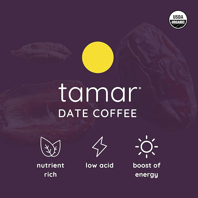 Tamar Date Coffee | Organic Ground Blend of Coffee & Whole Dates | Low Acid | Half Caffeine | Nutrient Rich | Boost of Energy | Medium Roast | 12oz bag