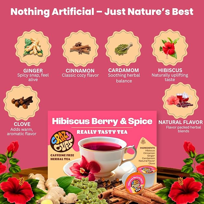 Crazy Cups Hibiscus Berry & Spice Herbal Tea Pods, 22 Count, Caffeine Free, Kosher Certified, Fruity & Spiced Blend with Cinnamon, Ginger & Clove | K Cup Compatible, Hot or Iced Herbal Tea