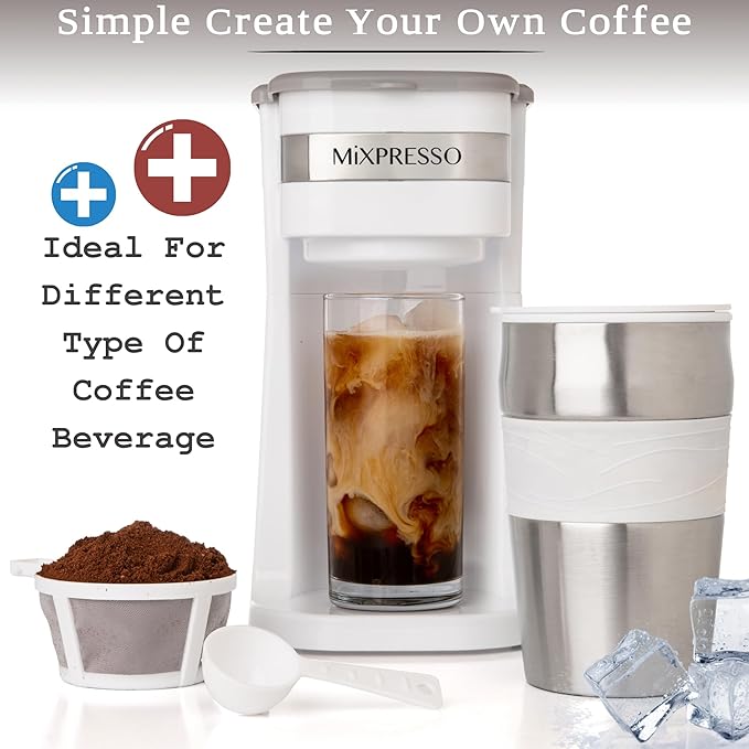Mixpresso White Personal Single Serve Coffee Maker with 14oz Travel Mug, Drip Small Coffee Maker with Auto Shut Off, Reusable Filter, Works with Ground Coffee Only ??Not for K-Cup Pods