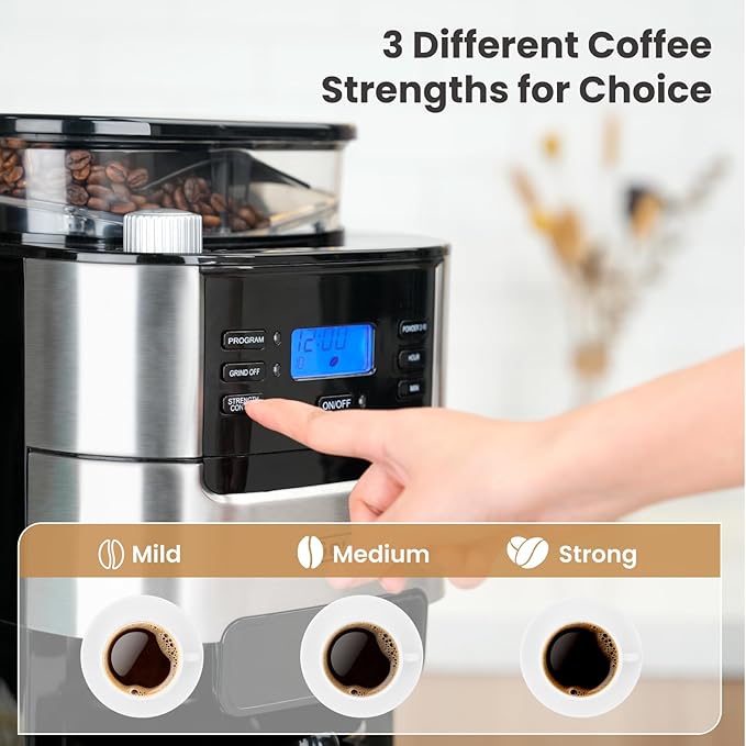 Gevi 10-Cup Coffee Maker with Built-in Burr Grinder, Programmable Timer, 1.5L Water Tank, Reusable Filter & Warming Plate โ Drip Coffee Machine for Fresh Ground Coffee