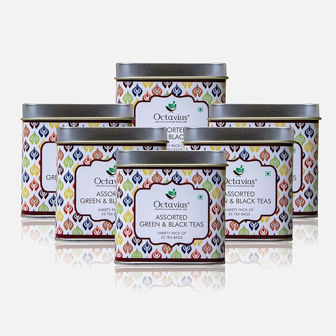 Octavius Tea Variety Pack | 6 Assorted Black & Green Teas | 25 Teabags Each | Tea Sampler Pack | Pack of 6 | 150 Teabags Total | Premium Indian Tea Collection