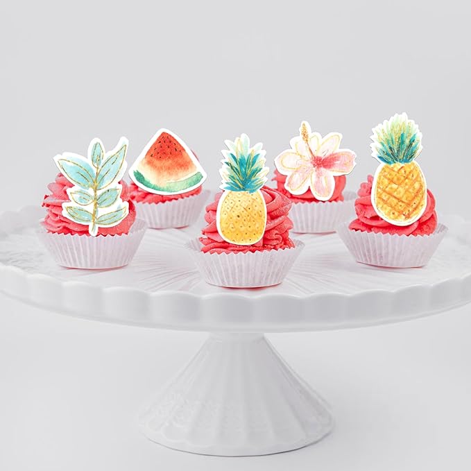 60 Pack Edible Flamingo Cupcake Toppers Wafer Paper Tropical Aloha Luau Pineapple Watermelon Cupcake Picks Flamingo Hawaiian Beach Cake Decorations for Summer Theme Birthday Party Supplies