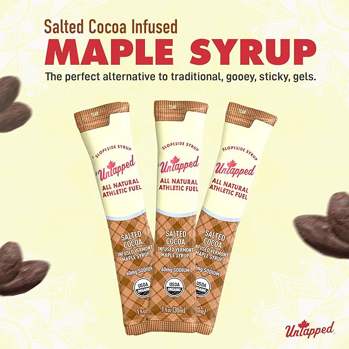 UnTapped Salted Cocoa Infused Vermont Maple Syrup Packets for Athletes, Box of 20-1 fl oz Each | Pure Maple Syrup with Rich Cocoa Extract and Sea Salt | Fuel to Keep You Running Longer