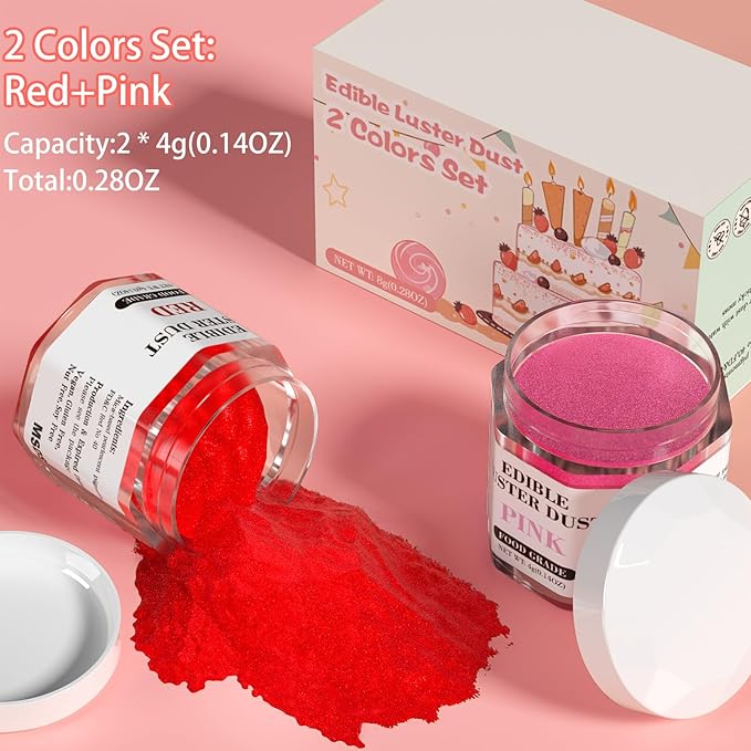 Luster Dust Edible Set - 2 Colors Food Grade Cake Dust Shimmer Powdered, Cherrysea Powder Food Coloring for Cocktails, Cookie Decorations, Cake, Drinks, Fondant, Candy - 4g/Bottle - Red+Pink