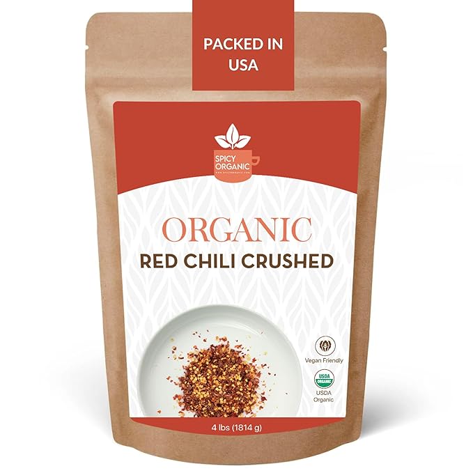 SPICY ORGANIC Crushed Red Pepper Flakes 4 lbs - Robust Chili Peppers Seasoning Spice - USDA Organic, Kosher, Non-GMO- Perfect for Pizza, Pastas, Salads, Sauces, Stews, Marinades and Pickled Vegetables