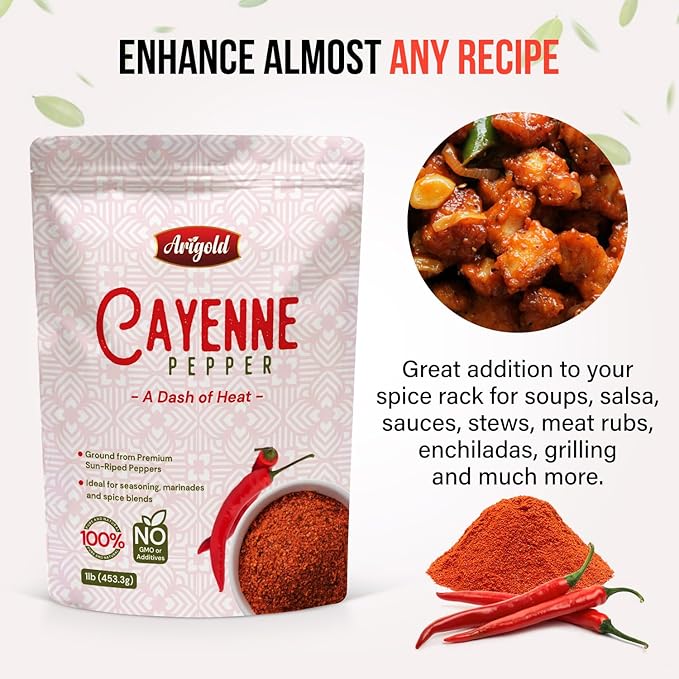Arigold All-Natural 1LB Cayenne Pepper Powder | Natural Sun-Dried Red Pepper 100% Chemical-Free, Hot Spice 60,000-80,000 SHU | Non-GMO, Non-Irradiated, Additive Free, Gluten-Free | Perfect for Cooking ??Resealable Bag Bulk Cooking Seasoning.