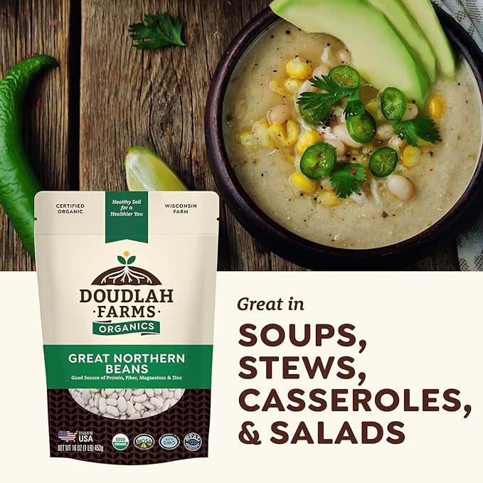 Organic Great Northern Beans 5lb Bulk by Doudlah Farms - Farmed From Regenerative Soil - Tested Clean Certified - Vegan, Non-GMO, Grown In USA - Fiber & Protein for Soups, Burritos, Salads, and Chili