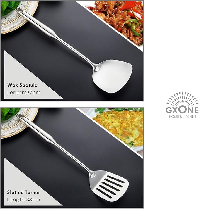 Kitchen Utensil Set ??6 Piece Stainless Steel Cooking Utensils with Rotating Holder Organizer Includes Slotted Spoon, Slotted Spatula, Large Spoon, Soup Ladle, Spatula, Pasta Server Silver/7PCS
