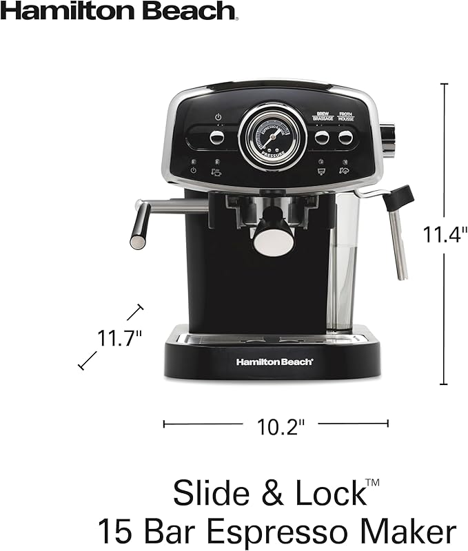 Hamilton Beach Slide & Lock Espresso Machine With Milk Frother Steam Wand For Cappuccino & Latte, 15 Bar Pump and Two Spouts, Removable Reservoir, Compact, Retro Design, Black (40730)