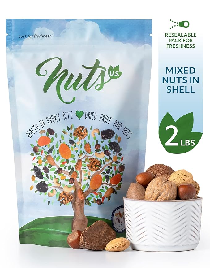 NUTS U.S. ??Mixed Nuts In Shell (Almonds, Walnuts, Hazelnuts, Pecans, Brazil Nuts) | No Added Colors and No Artificial Flavors | Fresh Buttery Taste and Raw |Packed In Resealable Bags!!! (2 LBS)