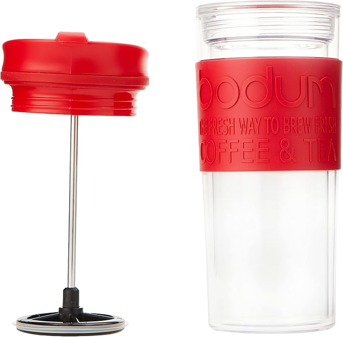 Bodum Insulated Plastic Travel French Press Coffee and Tea Mug, 0.45 L, 15oz, Red