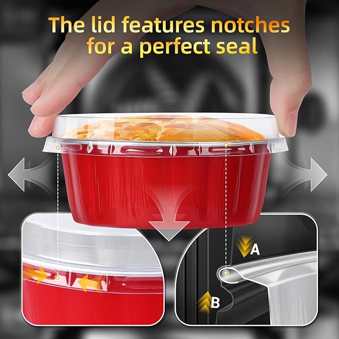 Beasea Disposable Ramekins for Baking, 120 Pack 8 oz 4 Inch with Lids Mini Red Foil Creme Brulee Aluminum Baking Cups Small Round Cupcake Tart Pie Tins Pans Individual Containers Oven Safe