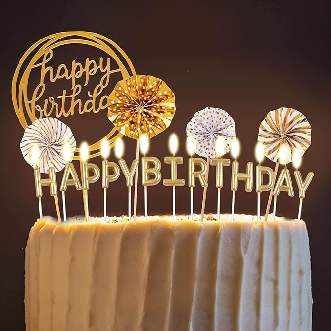 BEAN LIEVE Birthday Candles Set - Cake Topper Decoration with Cake Candles Confetti Balloon Stars and Fan Cupcake Toppers 12 Pieces Birthday Cake Decor for Birthday Party Celebration (Gold)