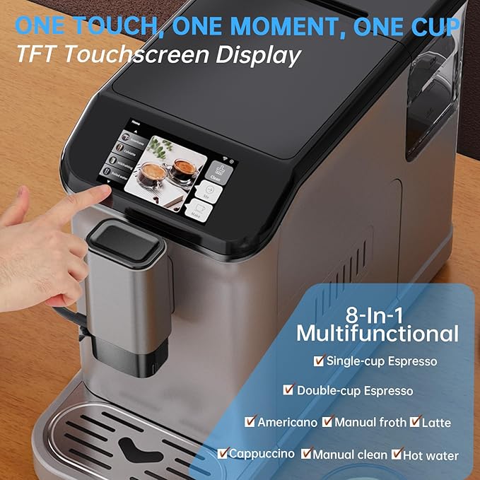 Super Automatic Espresso Machine 20 Bar with Grinder, One Touch Recipes & Automatic Milk Frother, 1350W Compact Bean to Cup Coffee Maker with TFT Touchscreen for Home Barista, Silver & Black