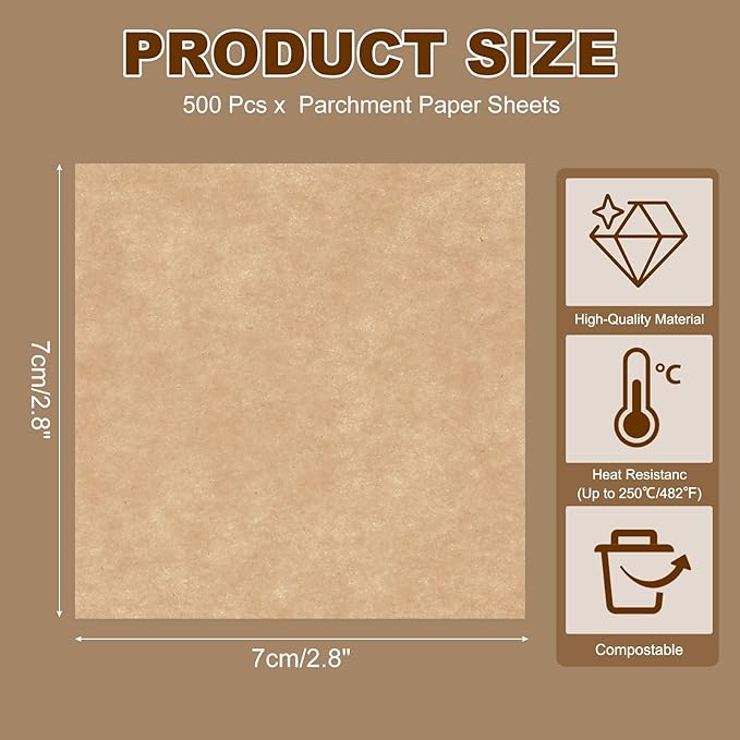 uxcell 500 Pcs Unbleached Parchment Paper Baking Sheets Squares, 2.8 Inch Hamburger Patty Paper, Non Stick Parchment Pulp Paper for Baking Grilling or Meat Storage, Wood Color
