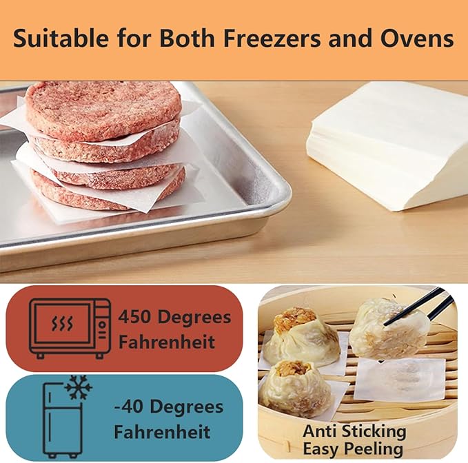 200Pcs 6" x 6" Unbleached Parchment Paper, Burger Patty Paper, Non-Stick Squares Wax Paper Sheets for Seperating Patty, Cookies, Baking, Wrapping Candies.