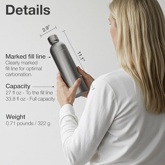 Premium 33 oz Stainless Steel Bottle - Compatible with Sodastream Art, Duo, Enso, Terra (not Aqua Fizz), Aarke Carbonator 3 | No expiration date | Dishwasher safe | Bpa-free