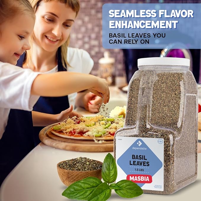 Dependable Food Basil Leaves -1.5 Lb. Jar- Bulk, Kosher, Dried Basil Seasoning for Pasta Sauces, Pesto, Salads, Garnishes & More - Natural, Non-GMO Thai Basil Spice