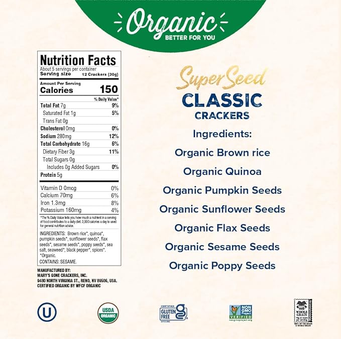 Mary's Gone Crackers Organic Super Seed Crackers, Classic - Gluten-Free, NON-GMO, Vegan & Whole Grain, 5.5 Ounce (Pack of 6)